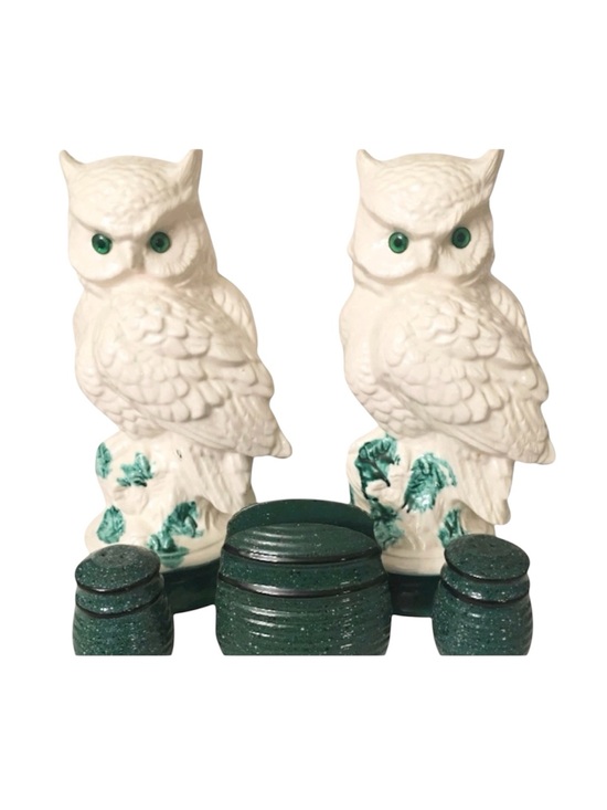 None Other - Elegant White Owl Figurines with Green Accents
